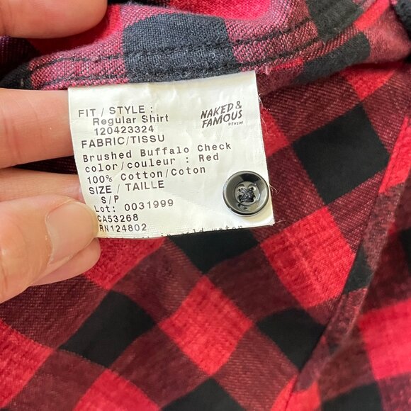 Naked & Famous Brushed Flannel Buffalo Check Button Down Shirt - Men's Size S - Picture 4 of 8